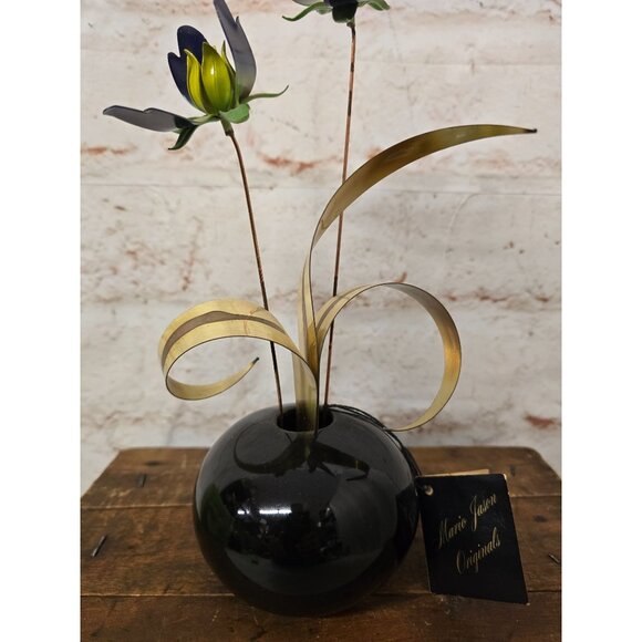 11" Vintage Marie Jaxon Originals Metal Flower Arrangement In Black Vase - Picture 3 of 11